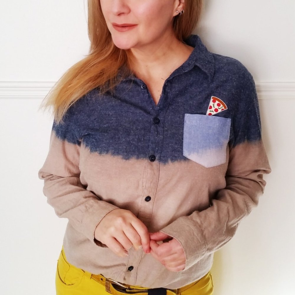 🍕 Refashioned Pizza Pocket Button Down (S/M)